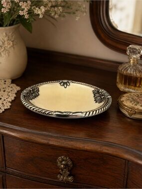 Vintage Brighton Silver Tone Floral Trinket Dish Ivory Enamel Vanity Bowl